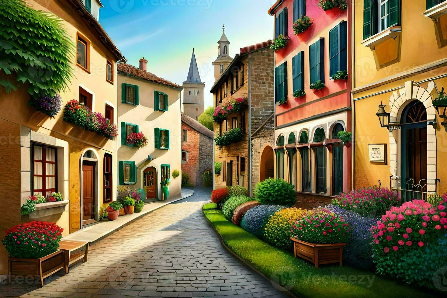 a painting of a street with colorful buildings. AI-Generated photo