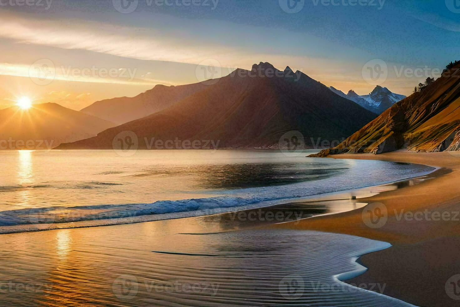 the sun rises over the mountains and the beach in this photo. AI-Generated photo