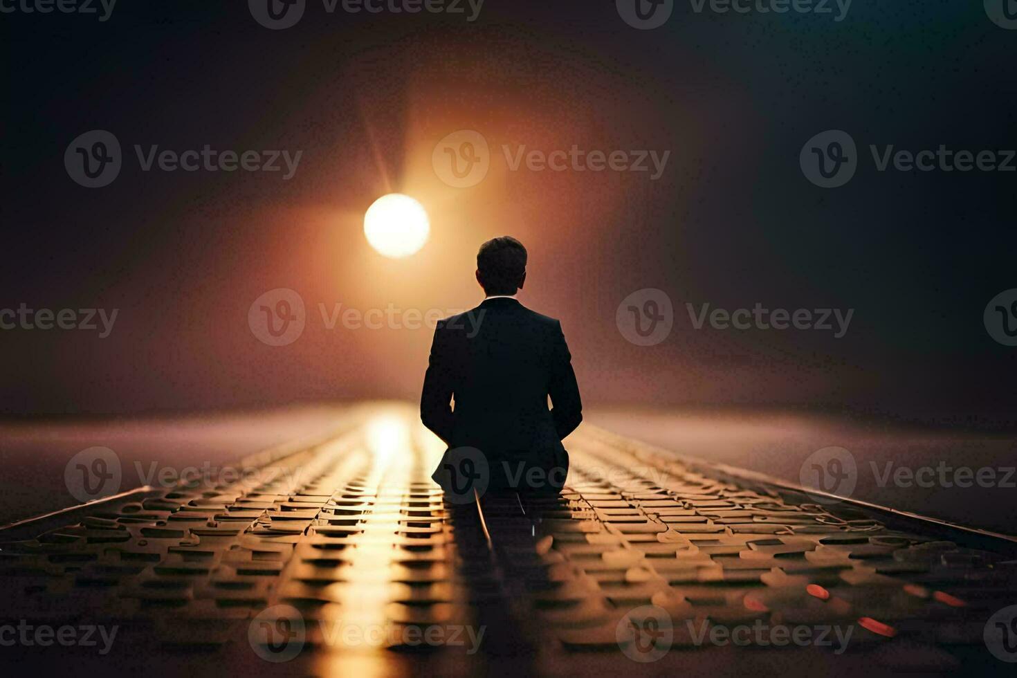 a man sitting on a bench in the dark with a bright light shining on him. AI-Generated photo