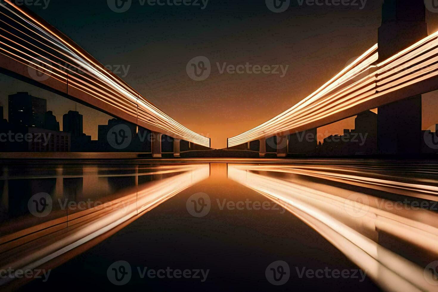 un largo exposición fotografía de un puente a puesta de sol. generado por ai foto