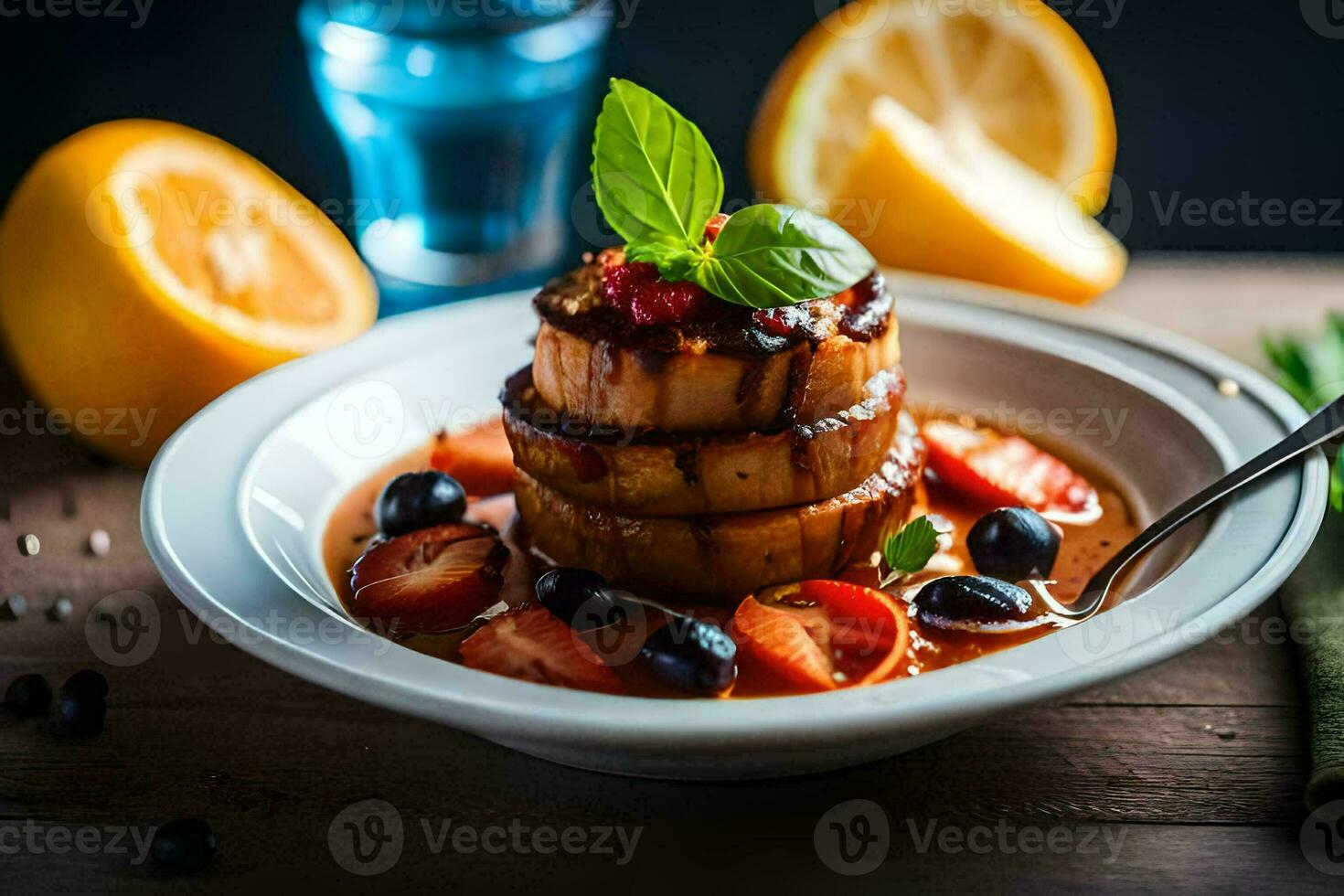 a plate of food with strawberries, blueberries and lemon slices. AI-Generated photo