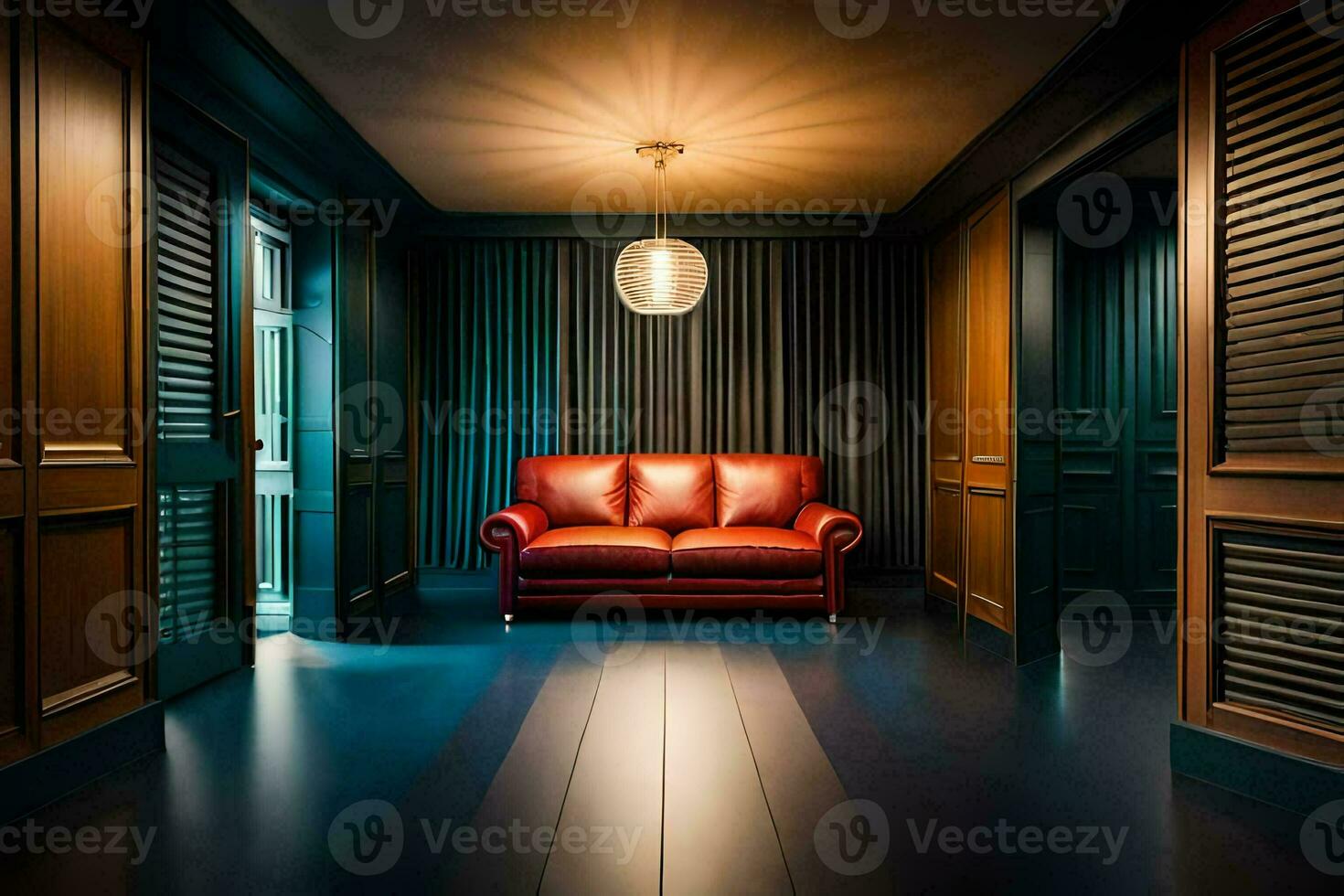 a red couch sits in a dark hallway. AI-Generated photo