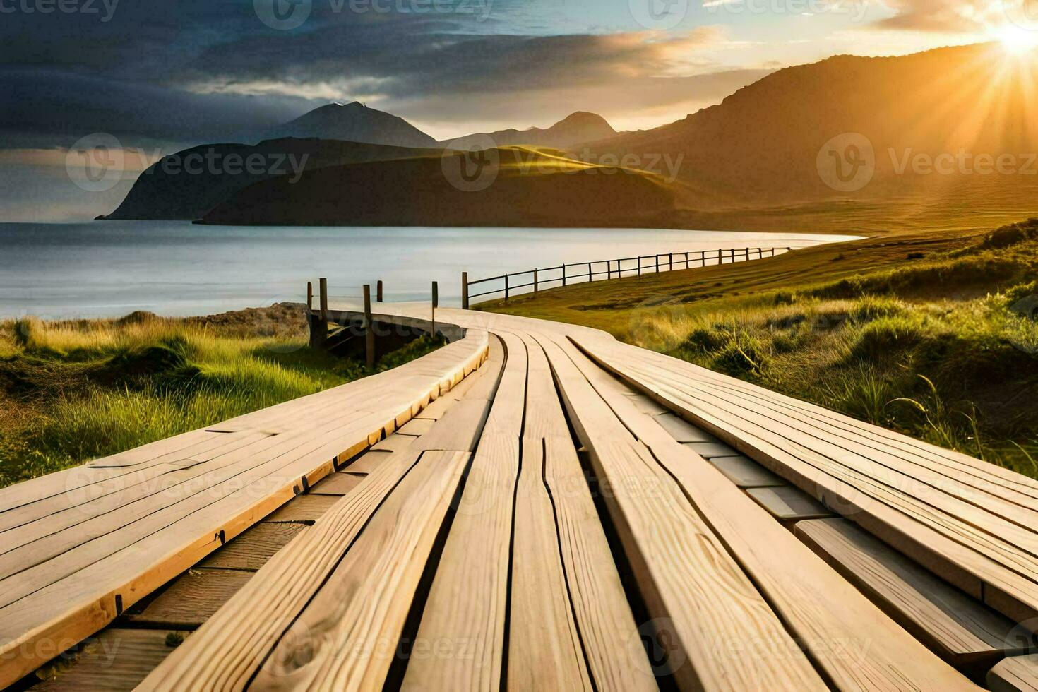 a wooden boardwalk leads to the ocean and mountains. AI-Generated photo