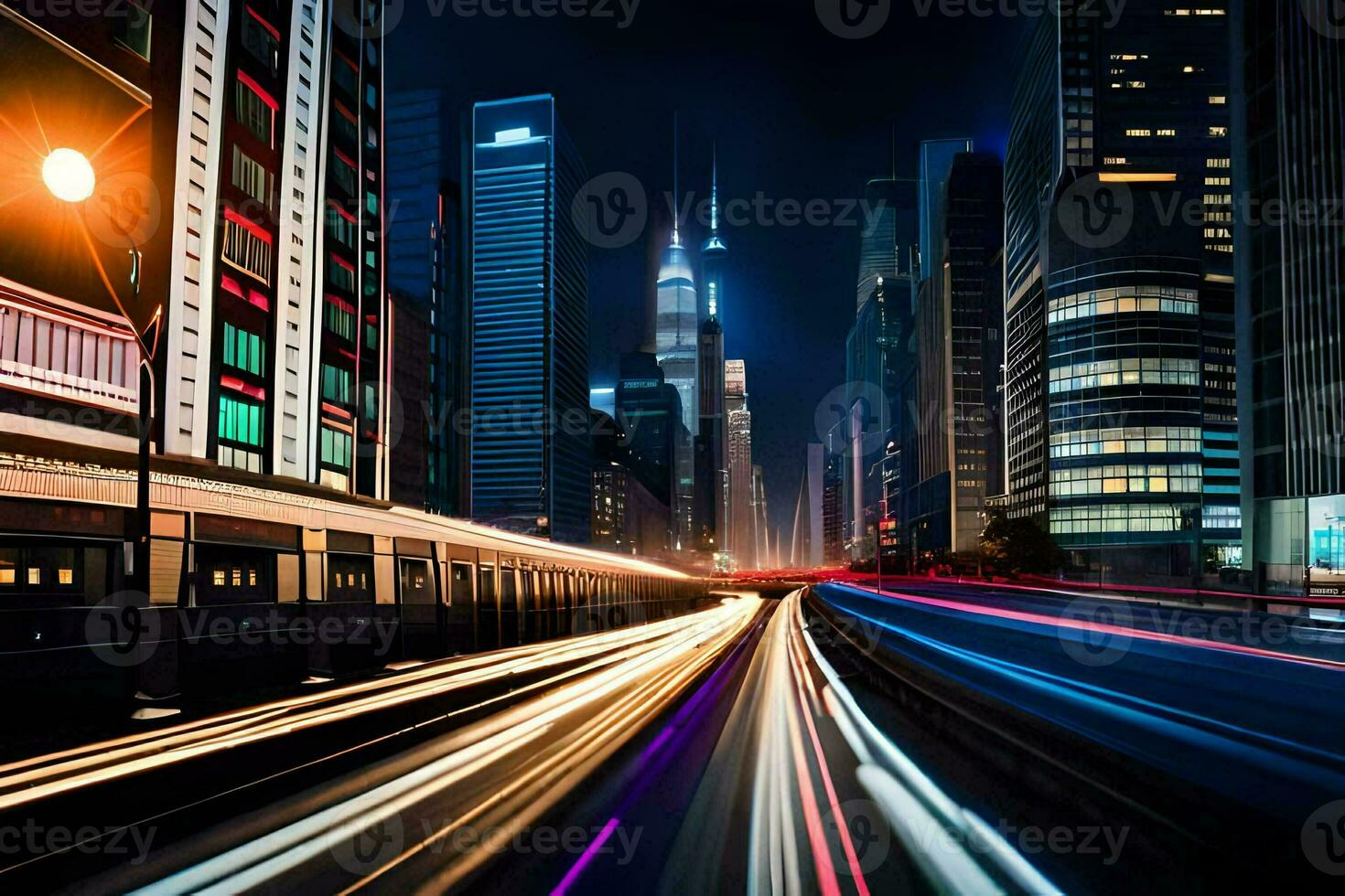 a city street at night with light trails. AI-Generated photo