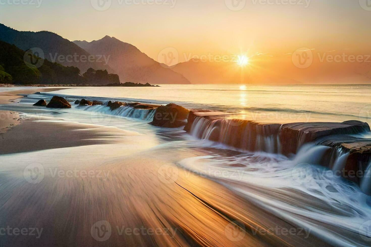 a sunset over the ocean with waves crashing into the shore. AI-Generated photo