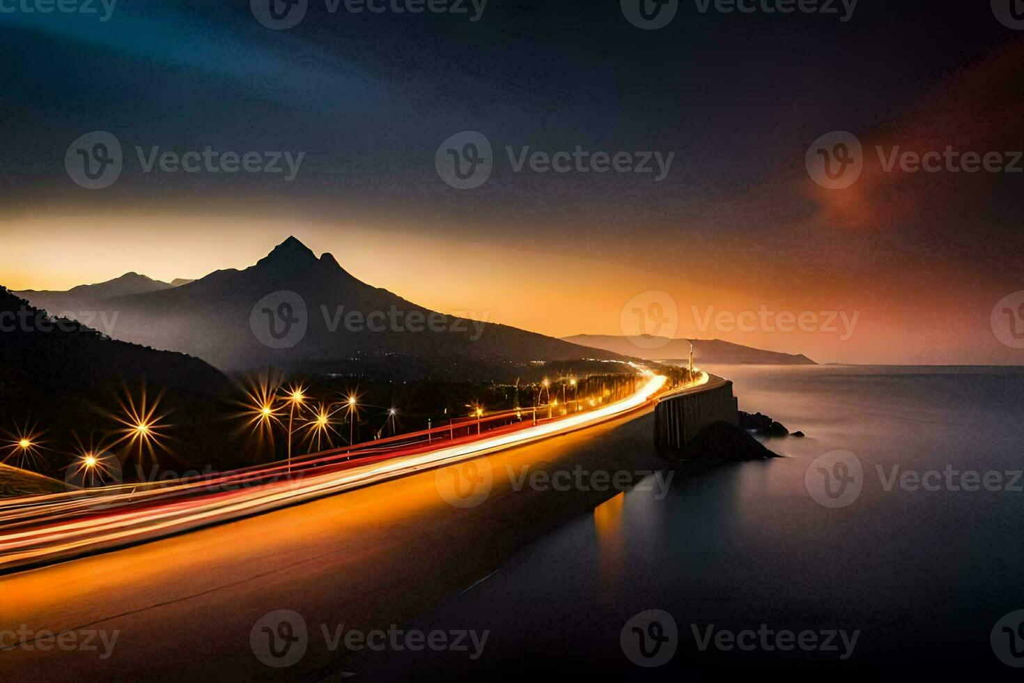 a long exposure photograph of a road and mountains at sunset. AI-Generated photo