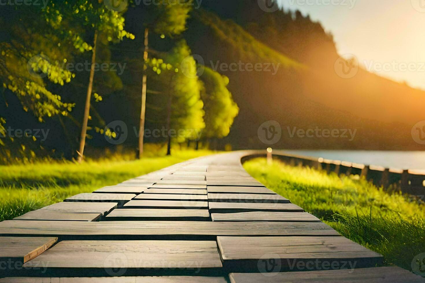 a wooden path leads to a lake and mountains. AI-Generated photo