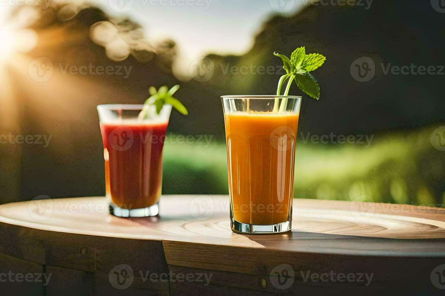 two glasses of juice on a table. AI-Generated photo