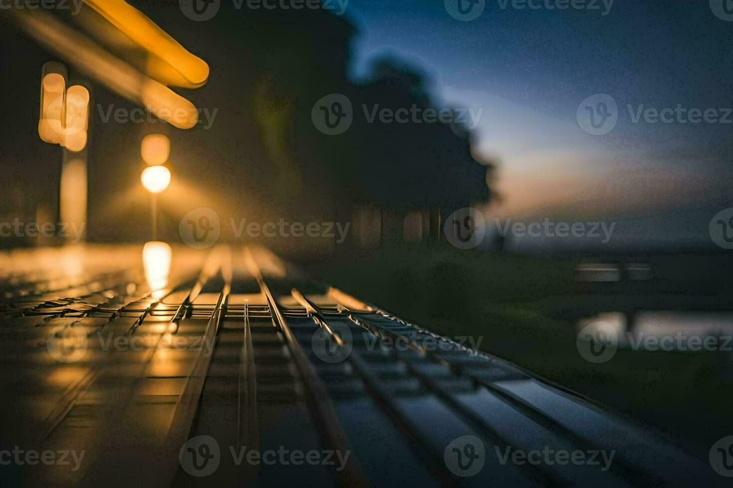 a bench with lights on it at night. AI-Generated photo