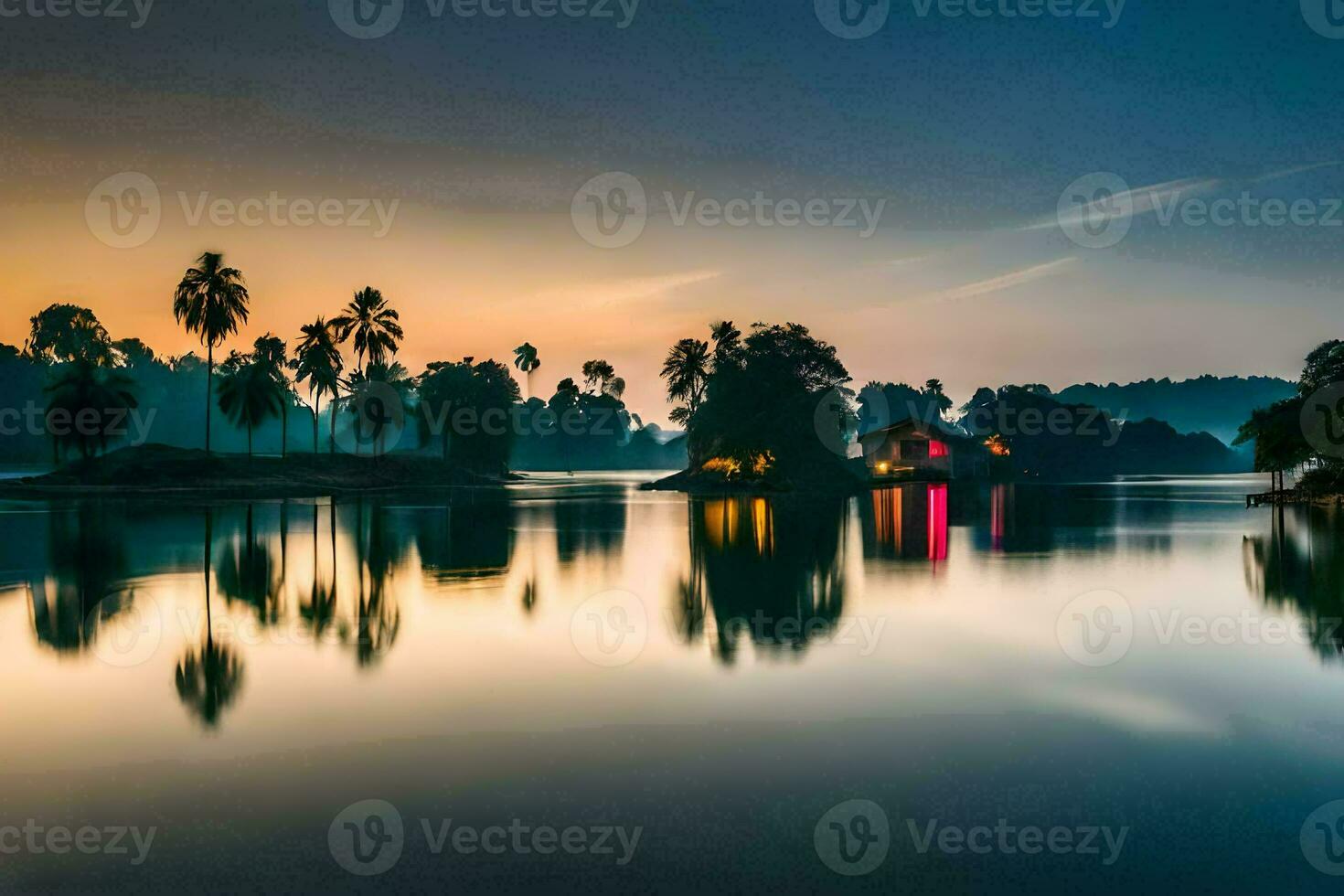 a lake with palm trees and a house at sunset. AI-Generated photo