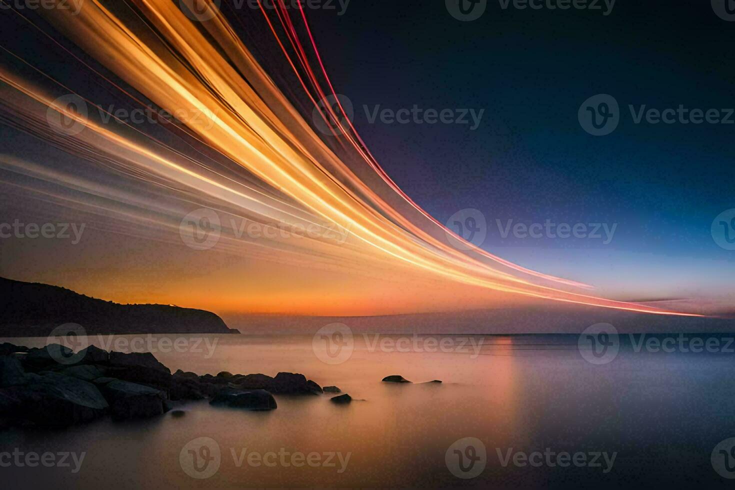 a long exposure photograph of a long line of light trails over the ocean. AI-Generated photo