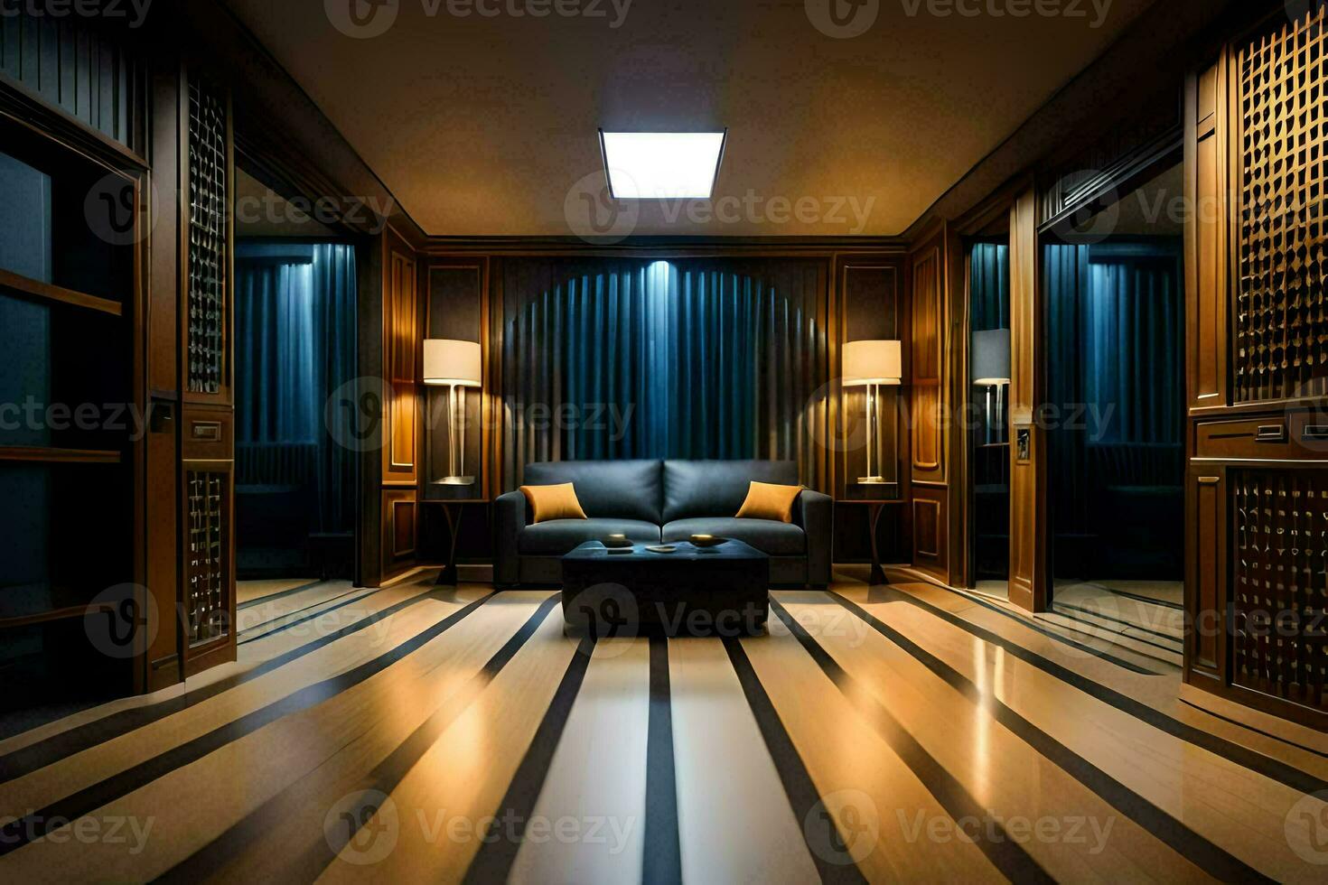 the room has a black couch and a blue rug. AI-Generated photo