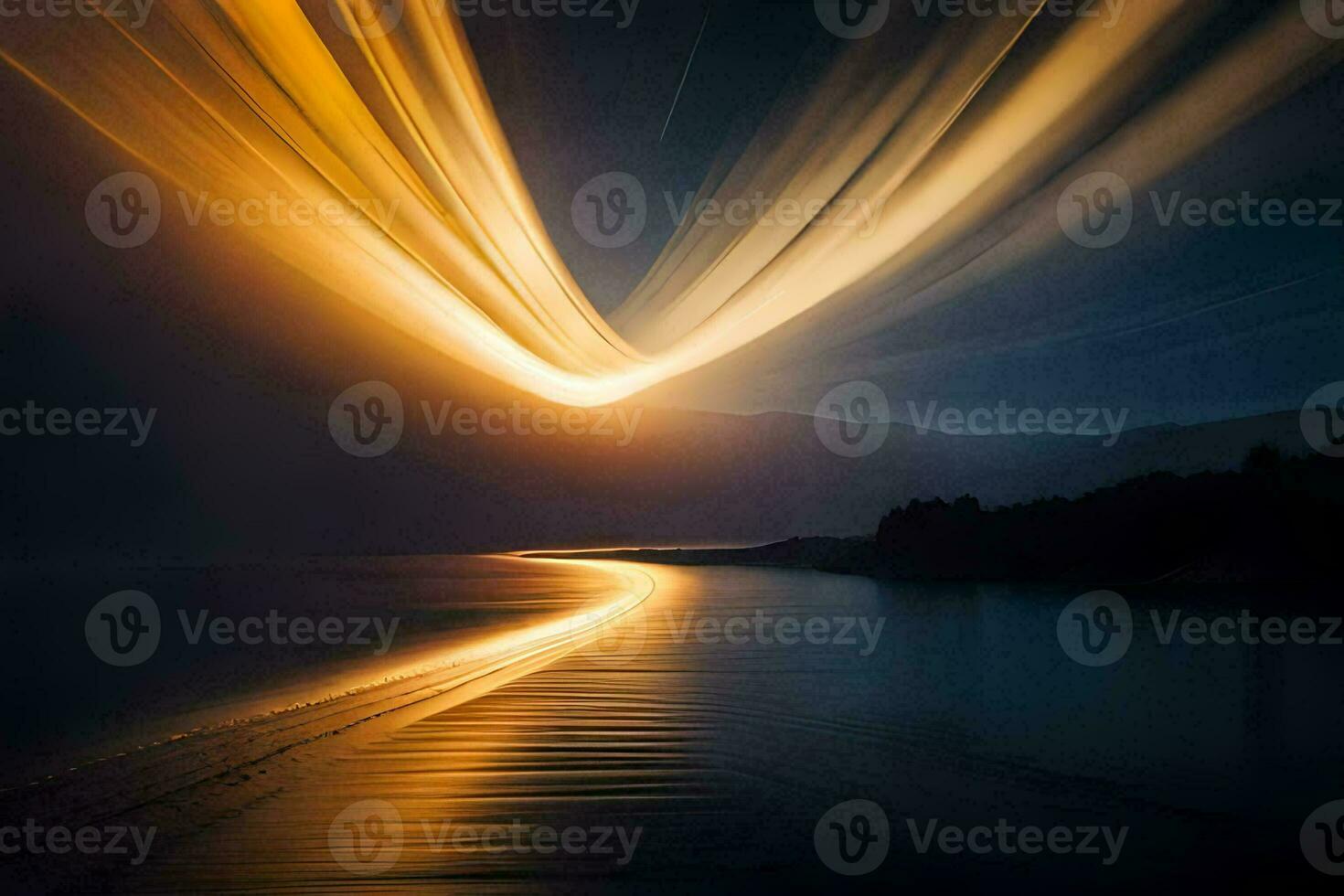 a long exposure photograph of a long line of light streaks over a lake. AI-Generated photo