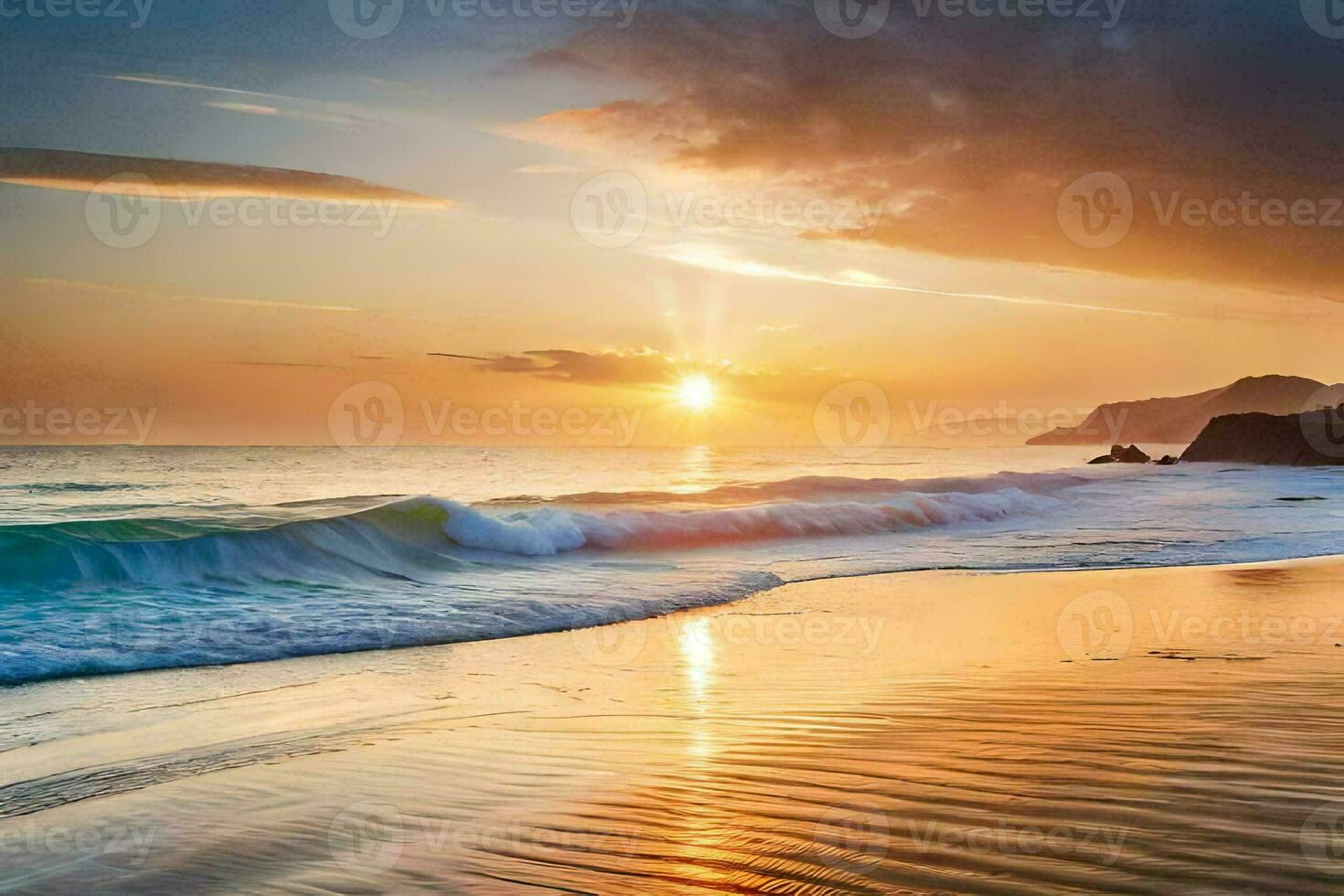 the sun rises over the ocean and the waves crash on the beach. AI-Generated photo