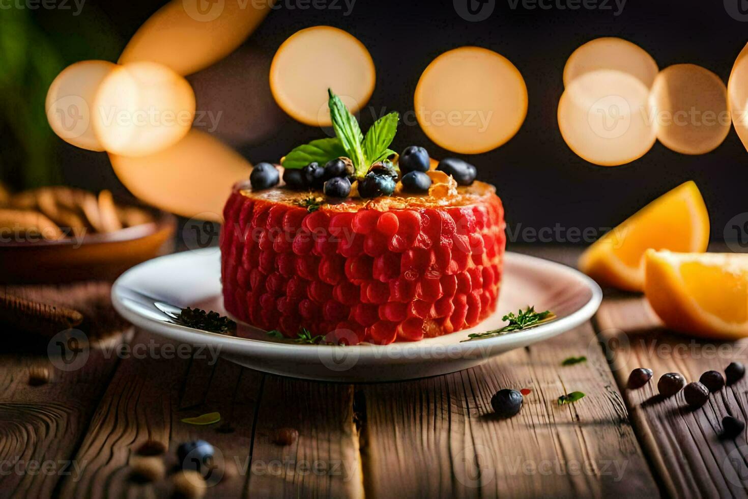 a red cake with blueberries and mint on a wooden table. AI-Generated photo