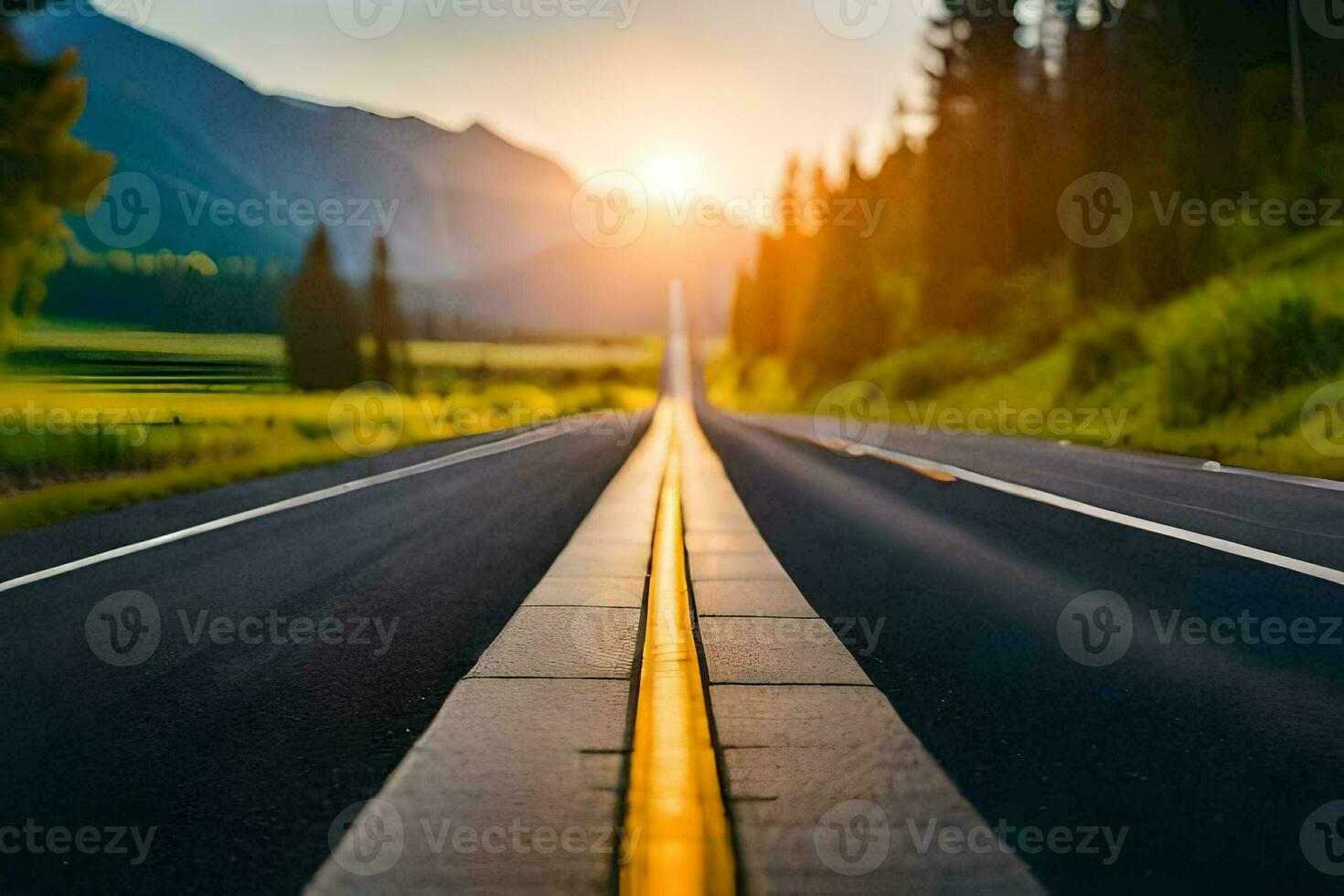 a long empty road with the sun setting behind it. AI-Generated photo