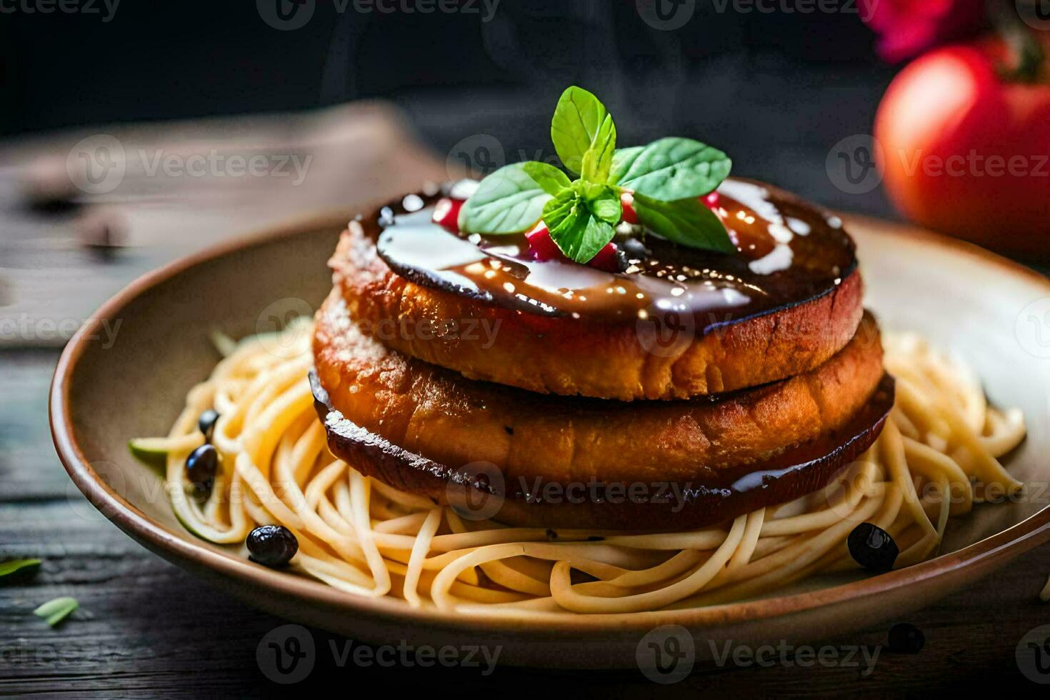 a plate of spaghetti with meat and sauce. AI-Generated photo