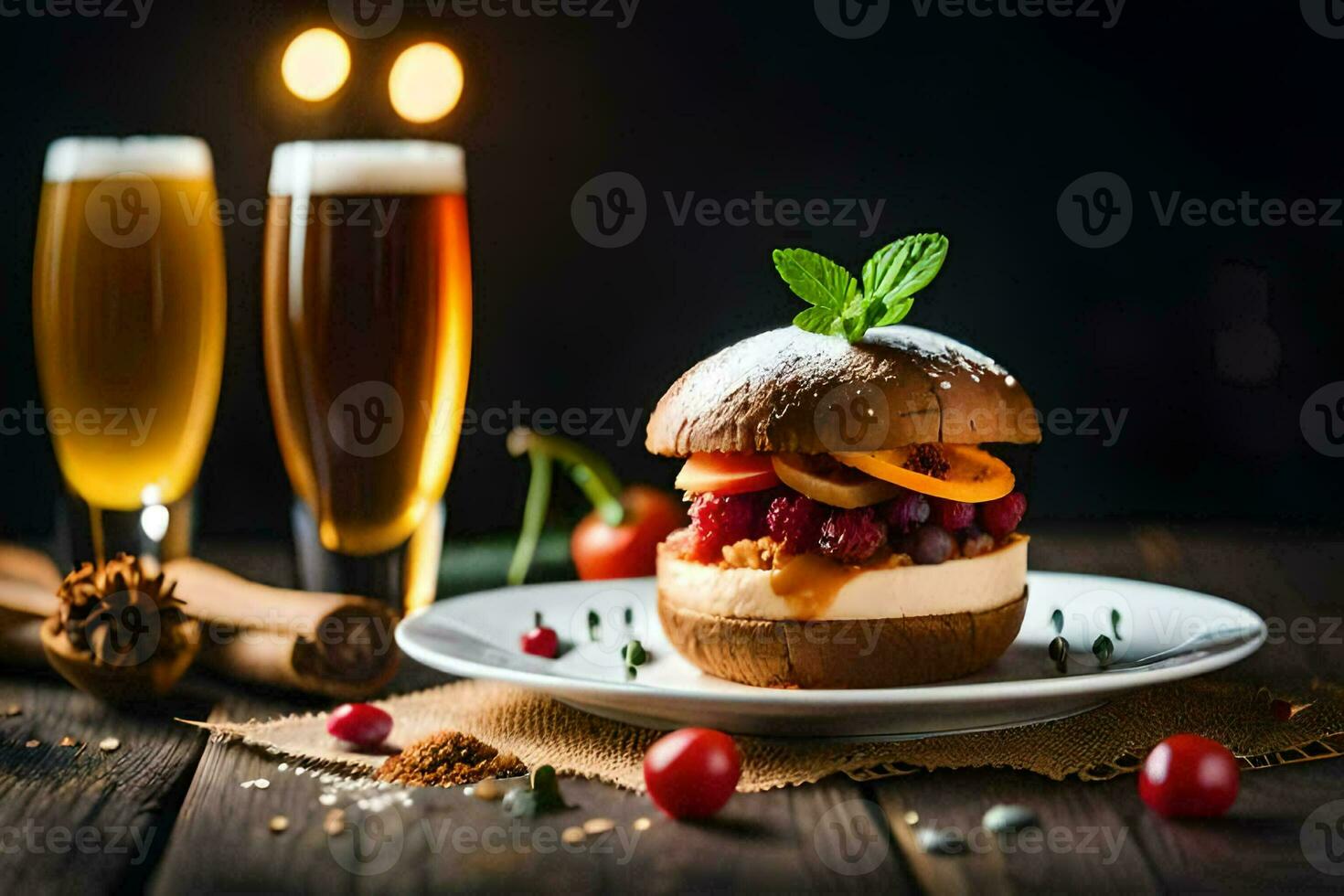 a burger with fruit and beer on a wooden table. AI-Generated photo