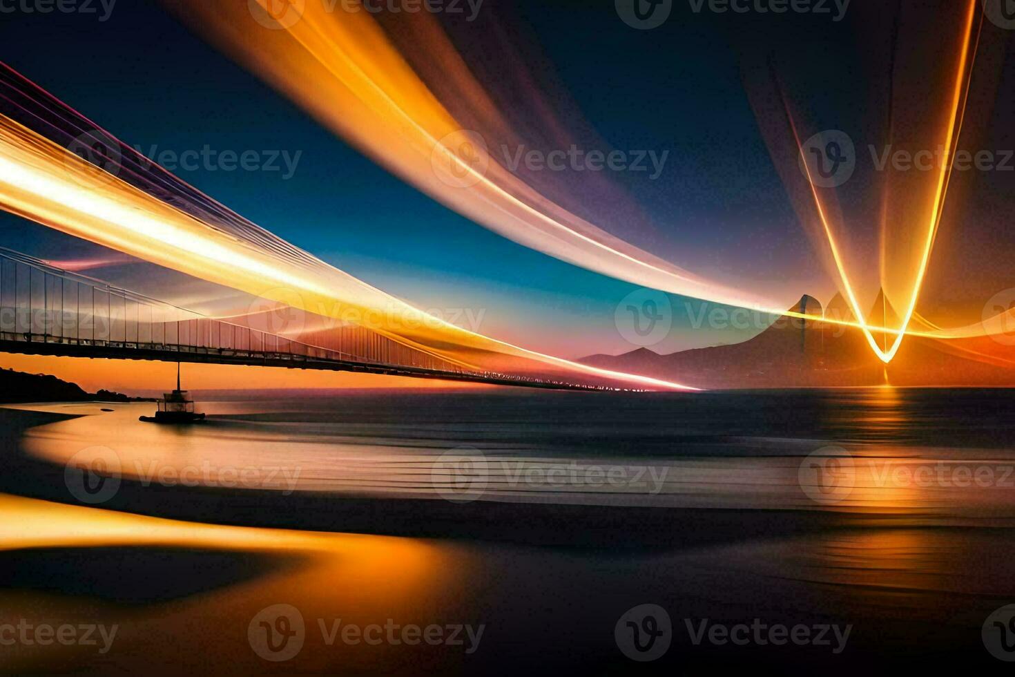 un largo exposición fotografía de un puente terminado el océano. generado por ai foto