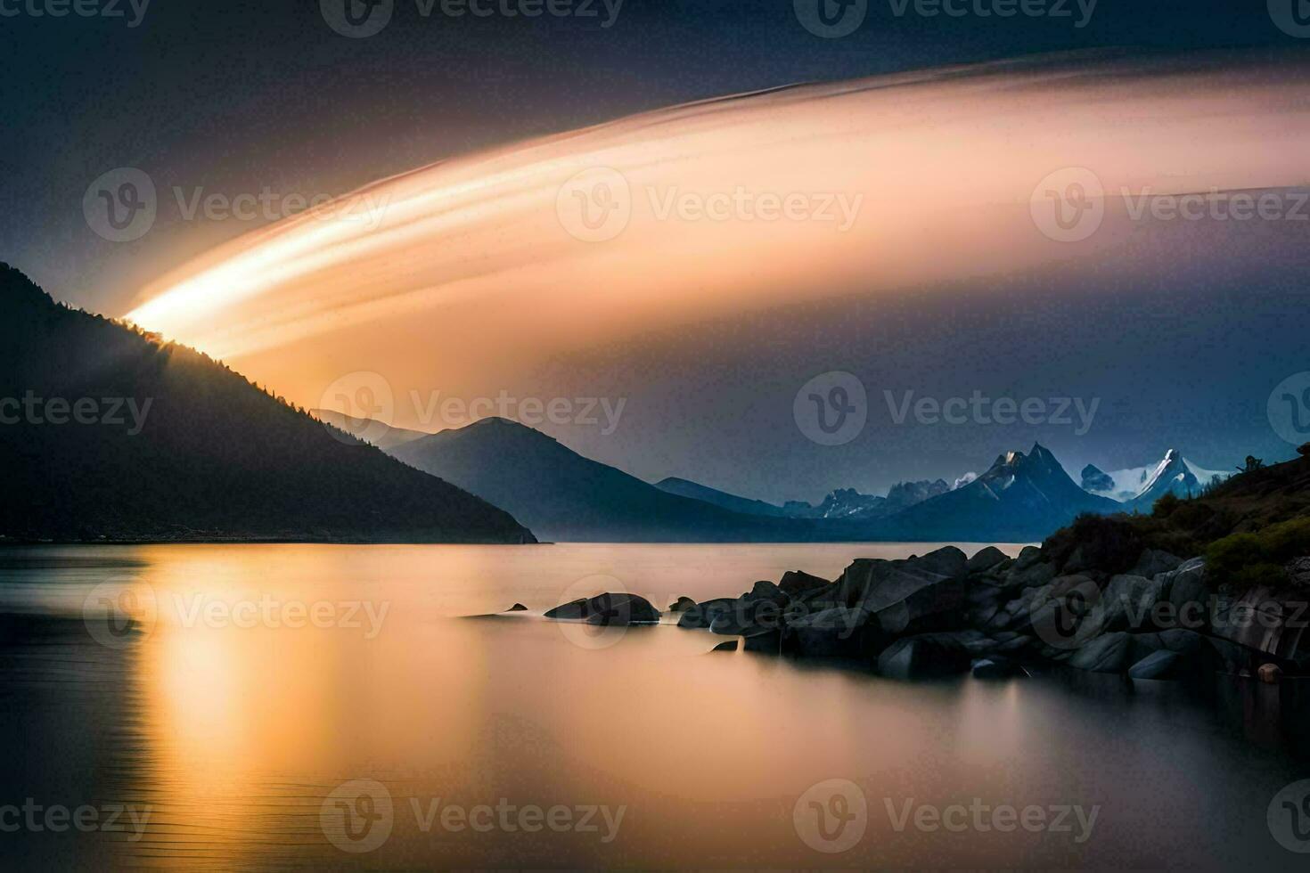 the sun is setting over a lake and mountains. AI-Generated photo