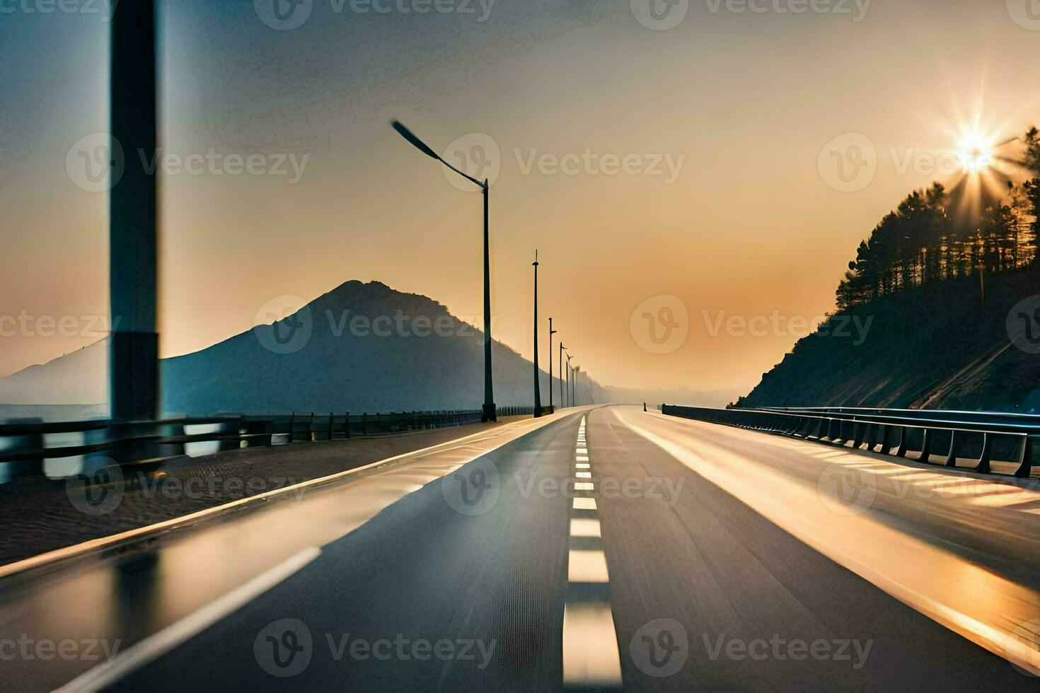 un largo exposición fotografía de un autopista a puesta de sol. generado por ai foto