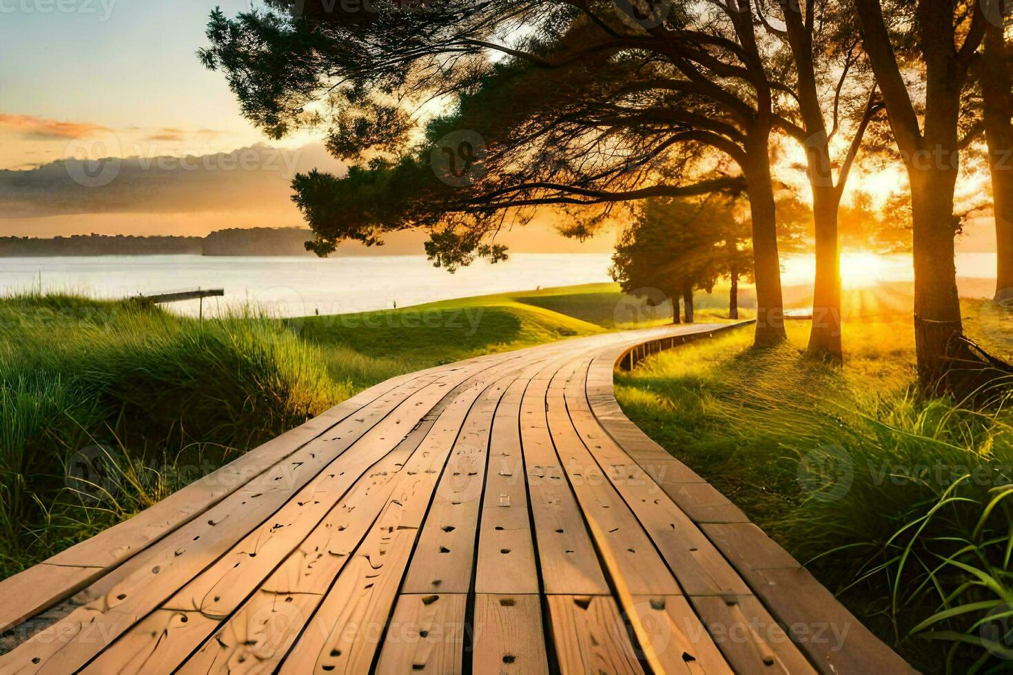 a wooden path leads to the water at sunset. AI-Generated photo