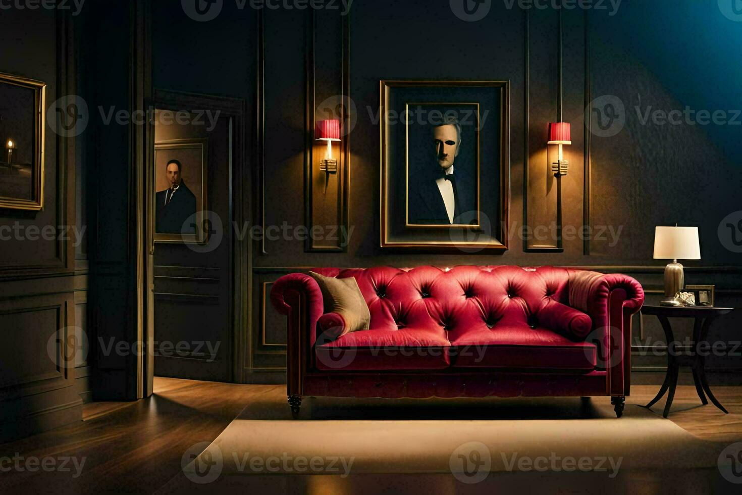 a red leather couch in a dark room. AI-Generated photo