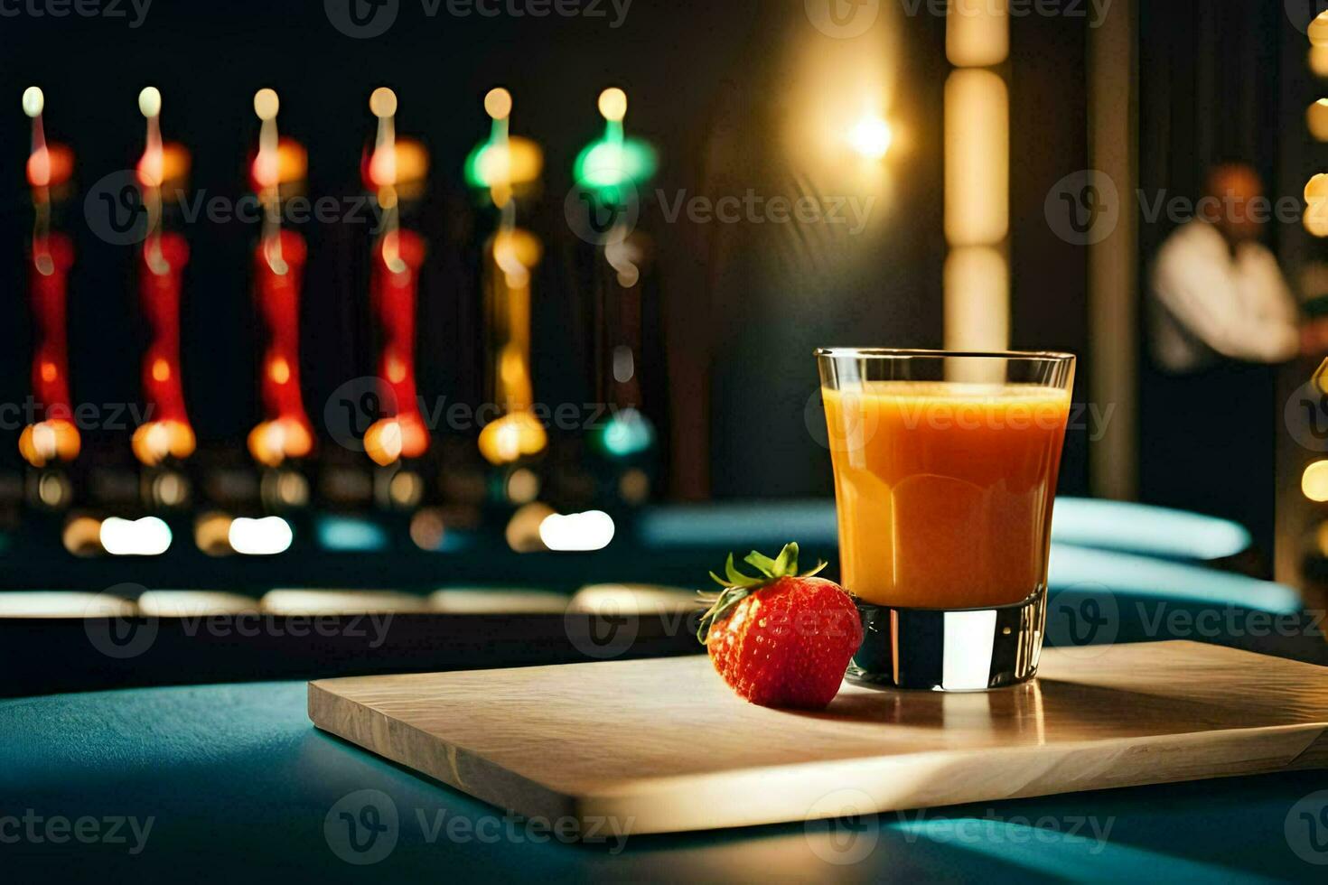 a glass of orange juice with a strawberry on a table. AI-Generated photo