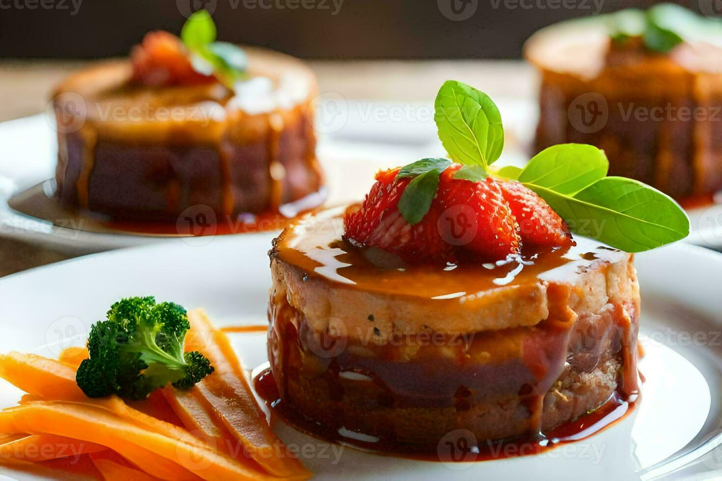 three small cakes with sauce and carrots on them. AI-Generated photo