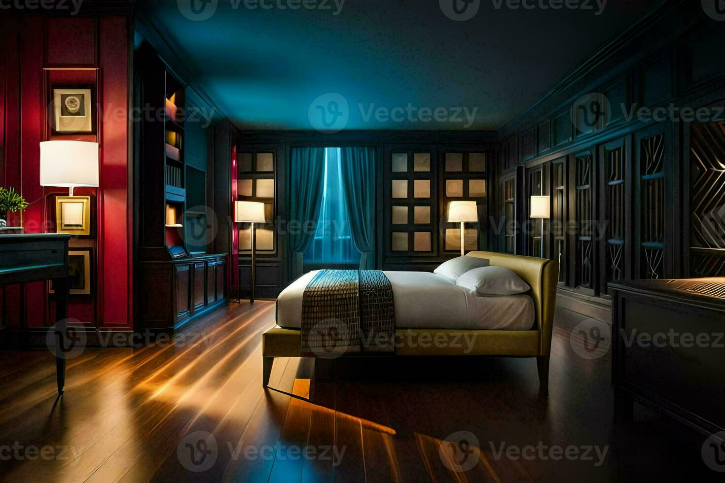 a bedroom with red walls and wooden floors. AI-Generated photo