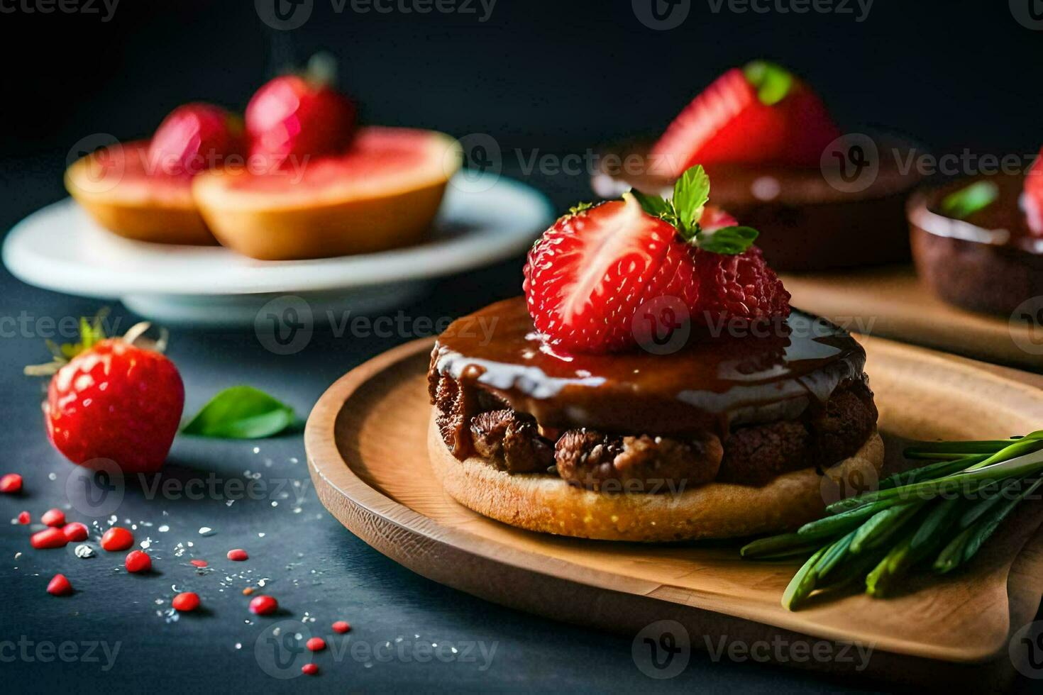 a plate with chocolate cake, strawberries and a strawberry. AI-Generated photo