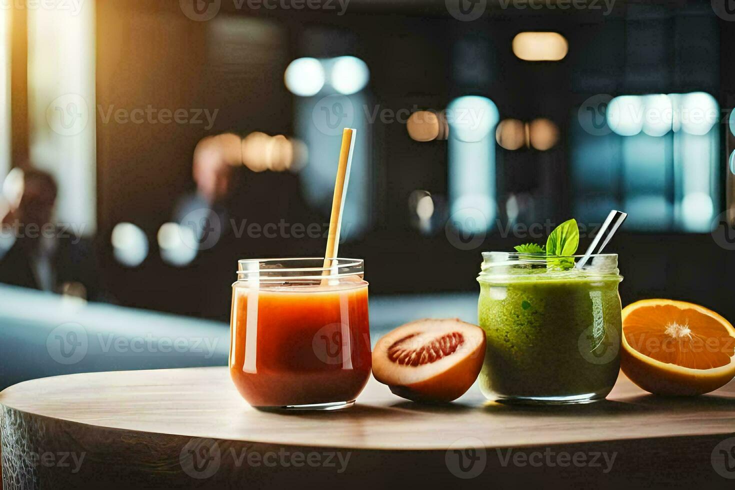 two glasses of juice on a table. AI-Generated photo