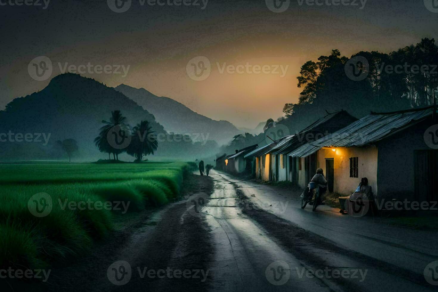 a road in the middle of a rice field at dusk. AI-Generated photo