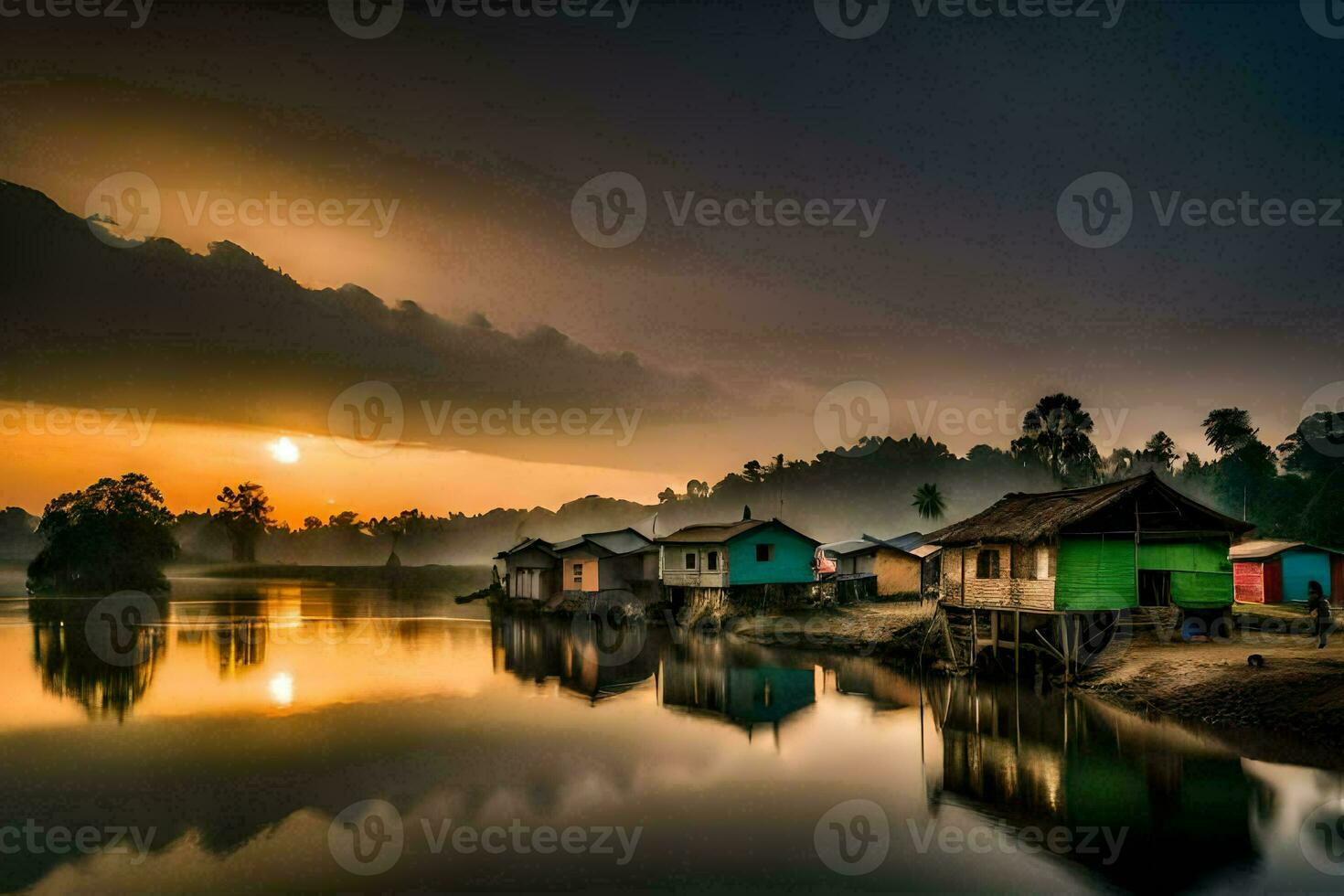 the sun sets over a river and several small houses. AI-Generated photo