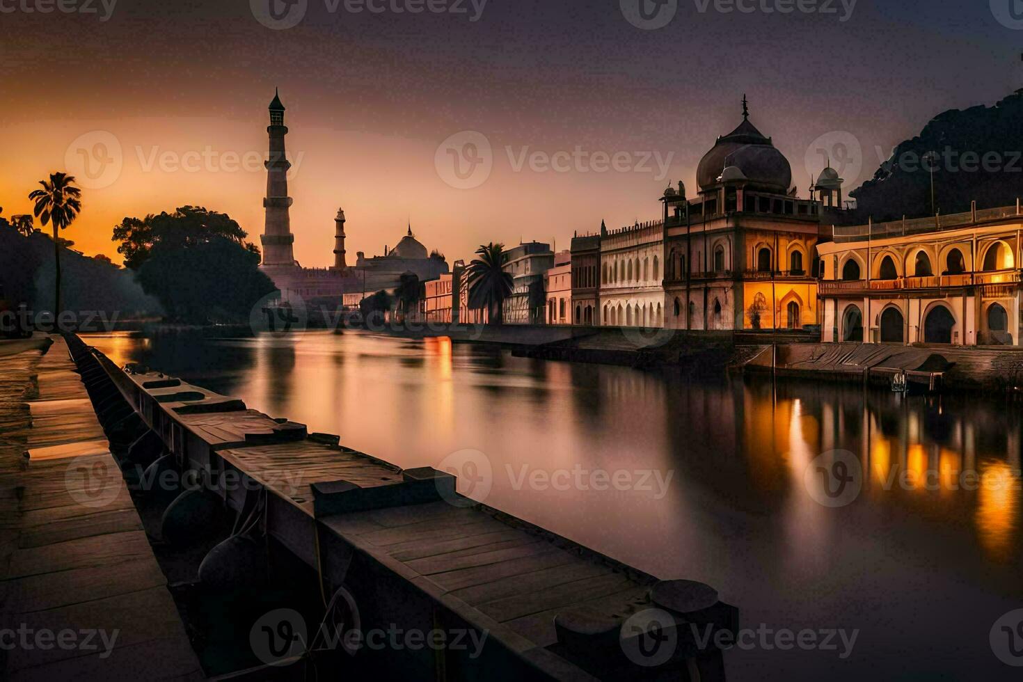el puesta de sol terminado el río en Delhi. generado por ai foto