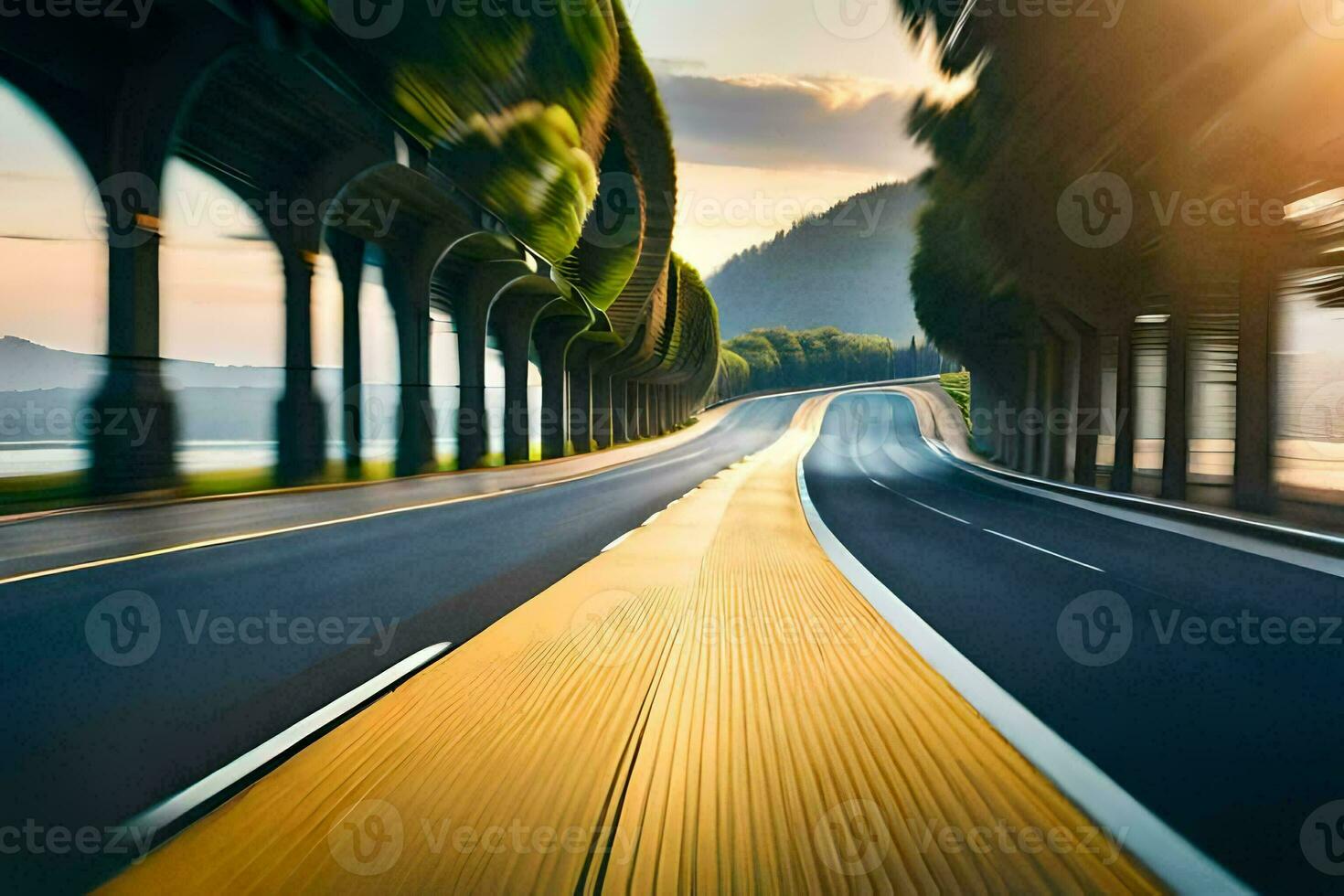 a blurry image of a road with trees and a car. AI-Generated photo