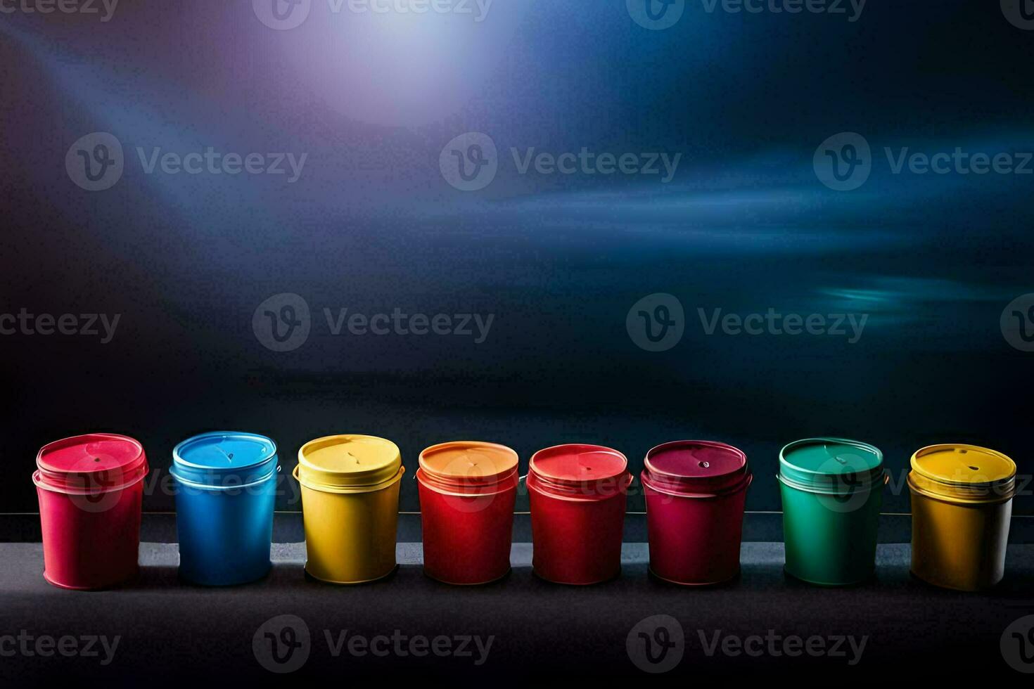 a row of colorful cups lined up against a dark background. AI-Generated photo