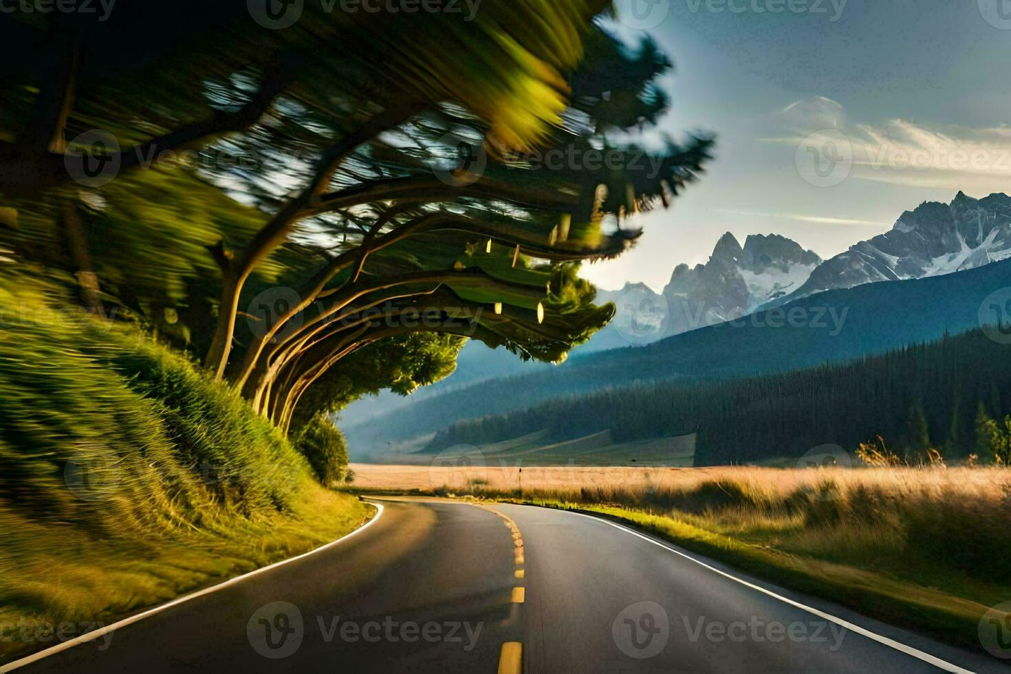 a road in the mountains with trees and mountains in the background. AI-Generated photo