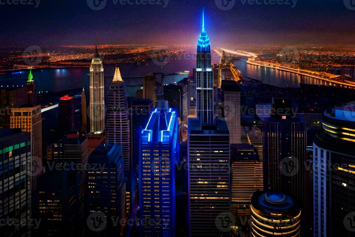 the city skyline at night with blue lights. AI-Generated photo