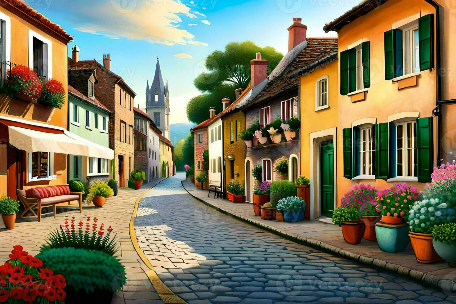 an illustration of a street with flowers and potted plants. AI-Generated photo