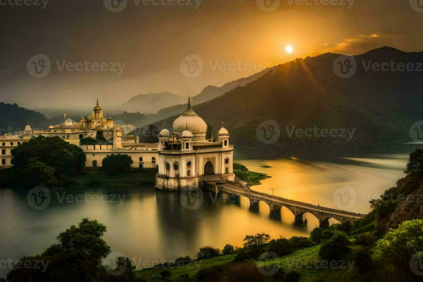 the sun rises over a palace in india. AI-Generated photo