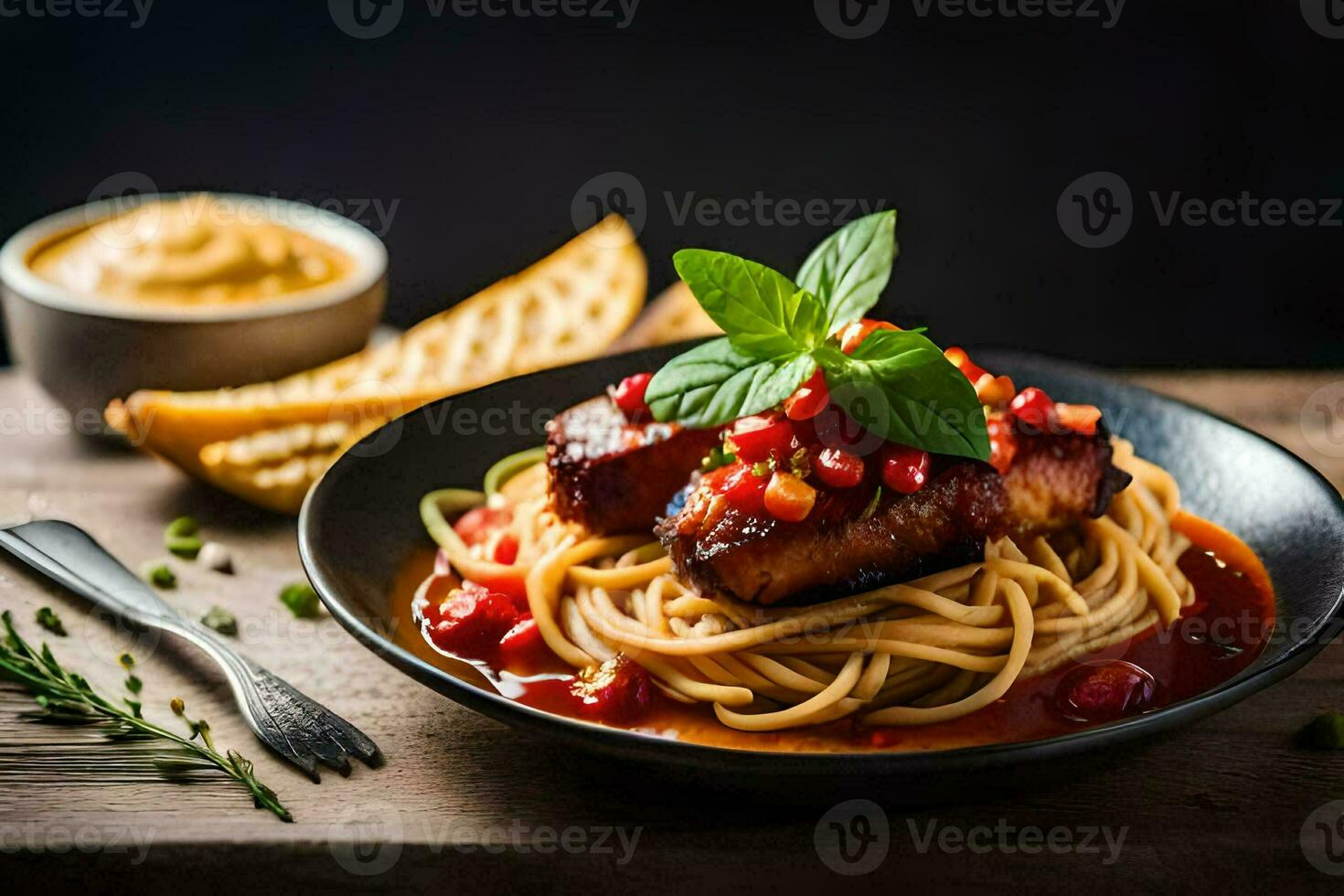 spaghetti with meat and tomato sauce on a plate. AI-Generated photo