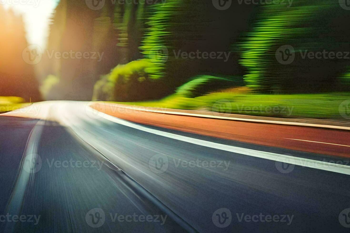 un borroso imagen de un la carretera con arboles en el antecedentes. generado por ai foto