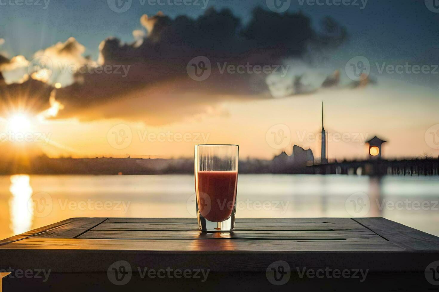 un vaso de jugo en un mesa en frente de el puesta de sol. generado por ai foto