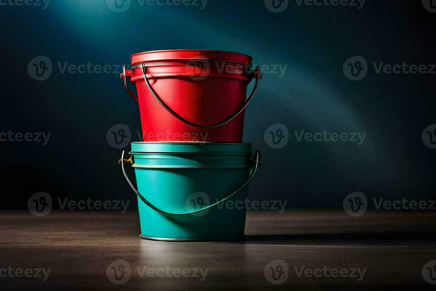 two red and blue buckets on a dark table. AIGenerated 33588492 Stock