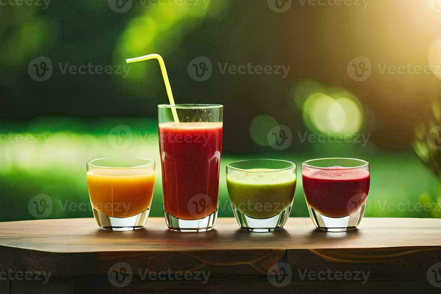 a group of four glasses with different colored juices. AI-Generated photo
