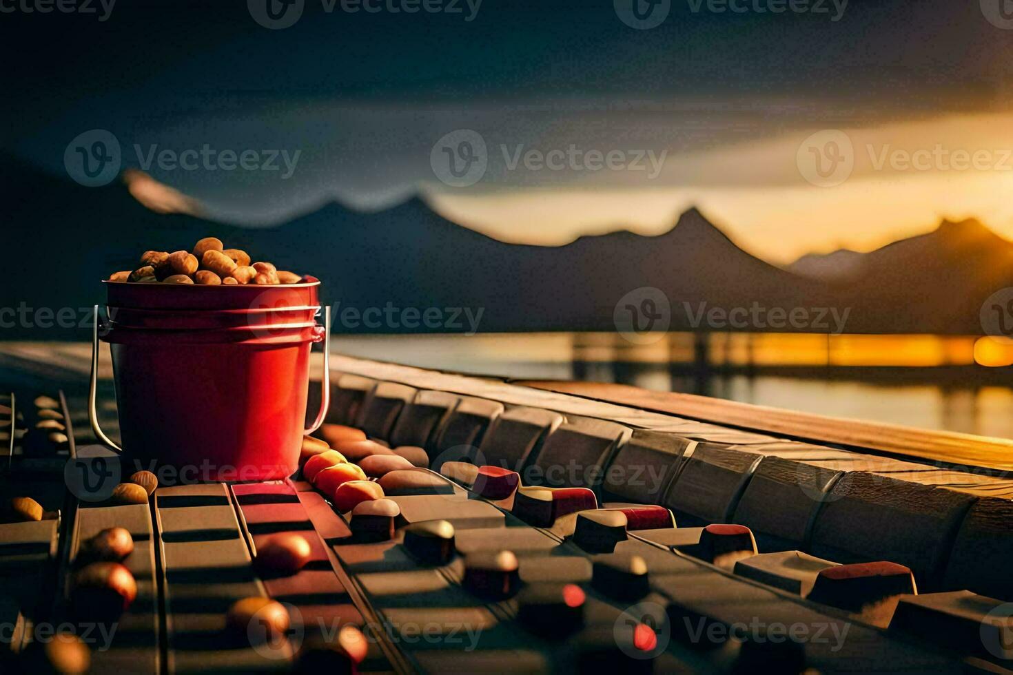 a bucket of nuts on a table with a sunset in the background. AI-Generated photo