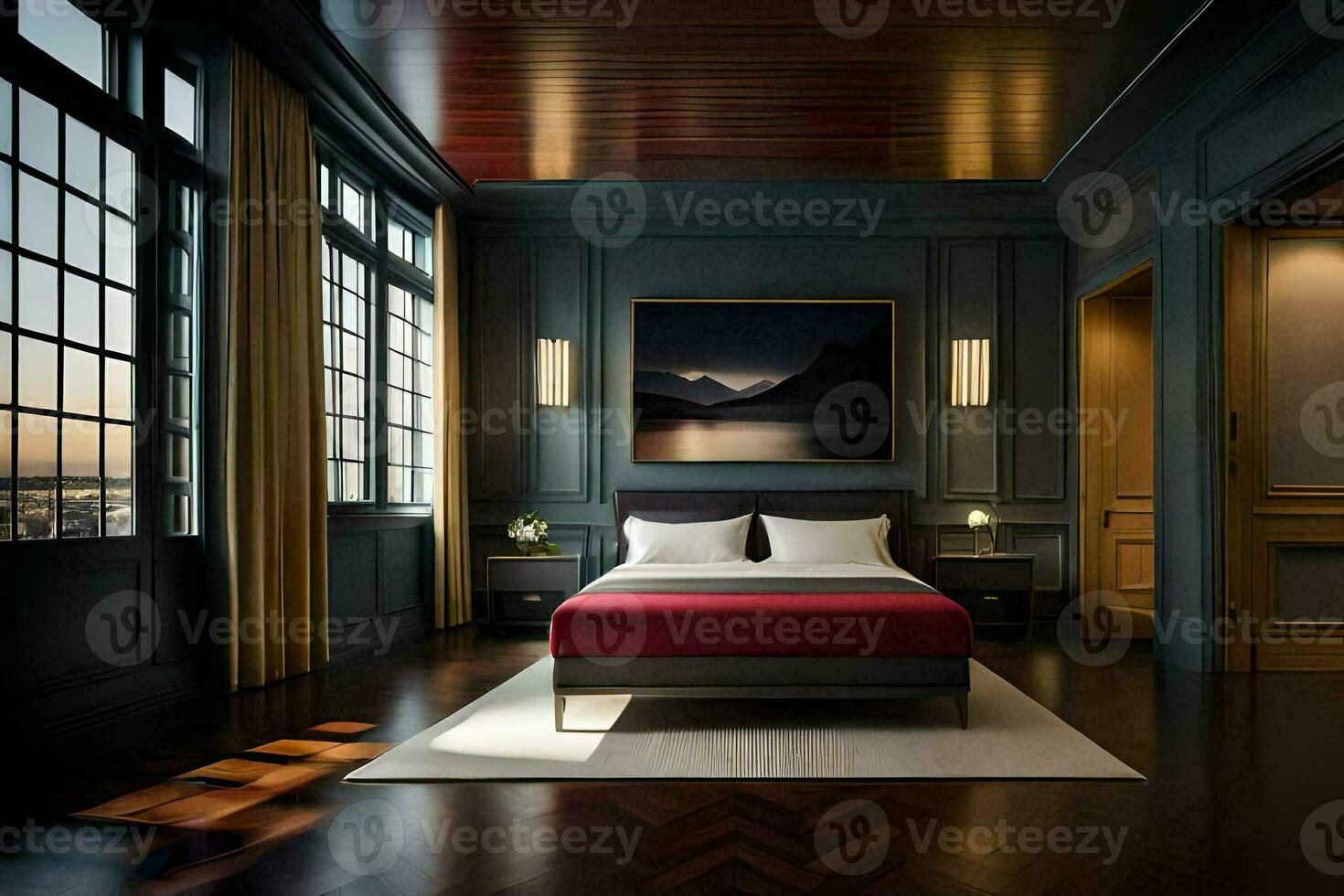 a bedroom with dark wood floors and a large painting on the wall. AI-Generated photo