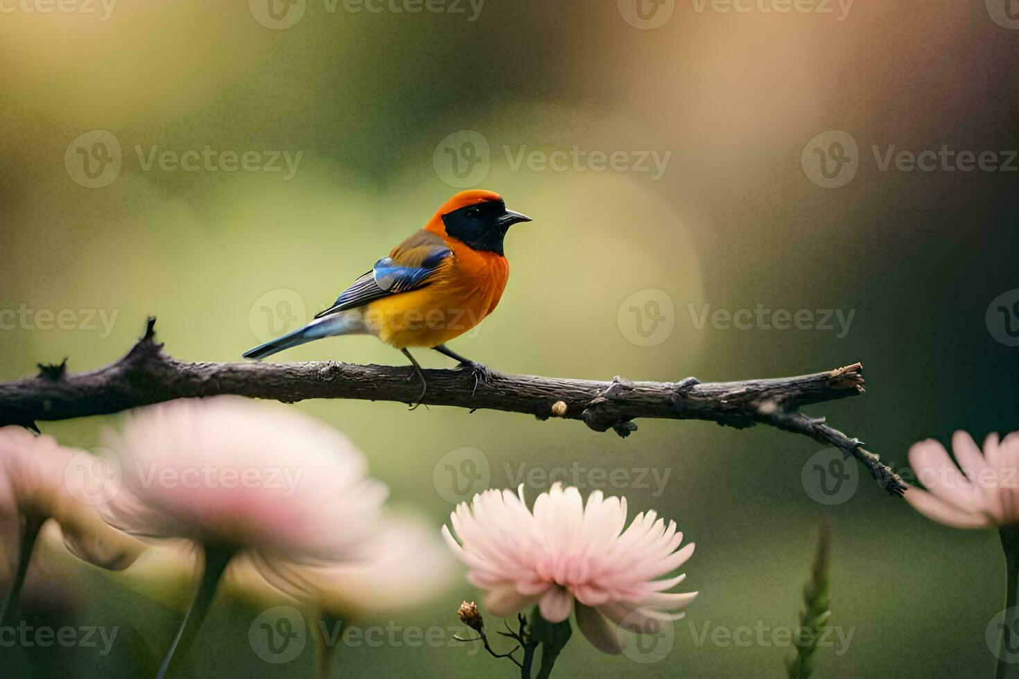 a colorful bird sits on a branch with pink flowers. AI-Generated photo