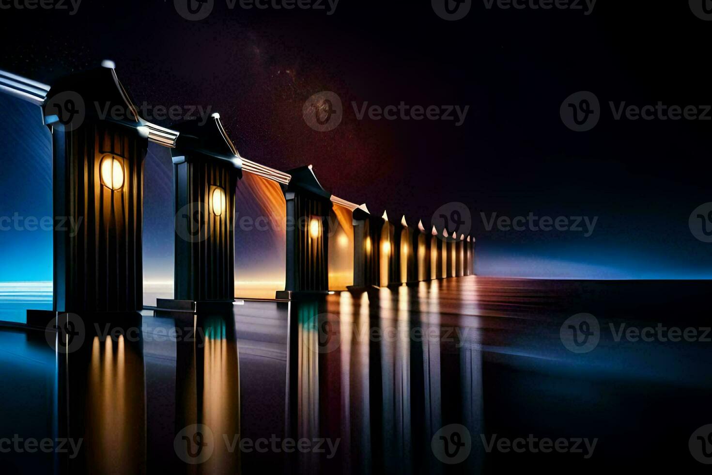 a long line of lights on the water at night. AI-Generated photo